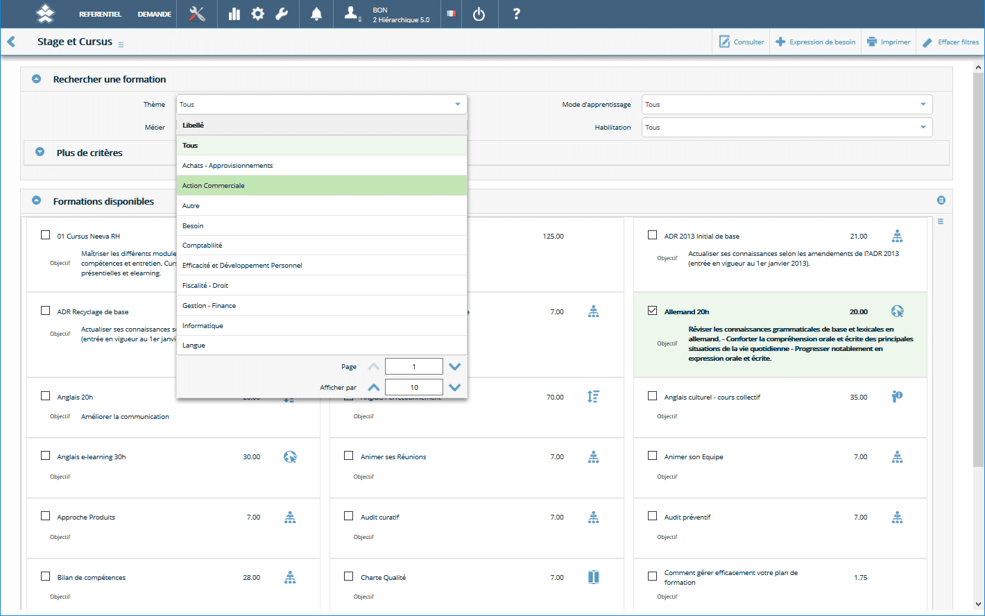 Tableau de gestion des centres de formation interne et diffusion des catalogues de formation